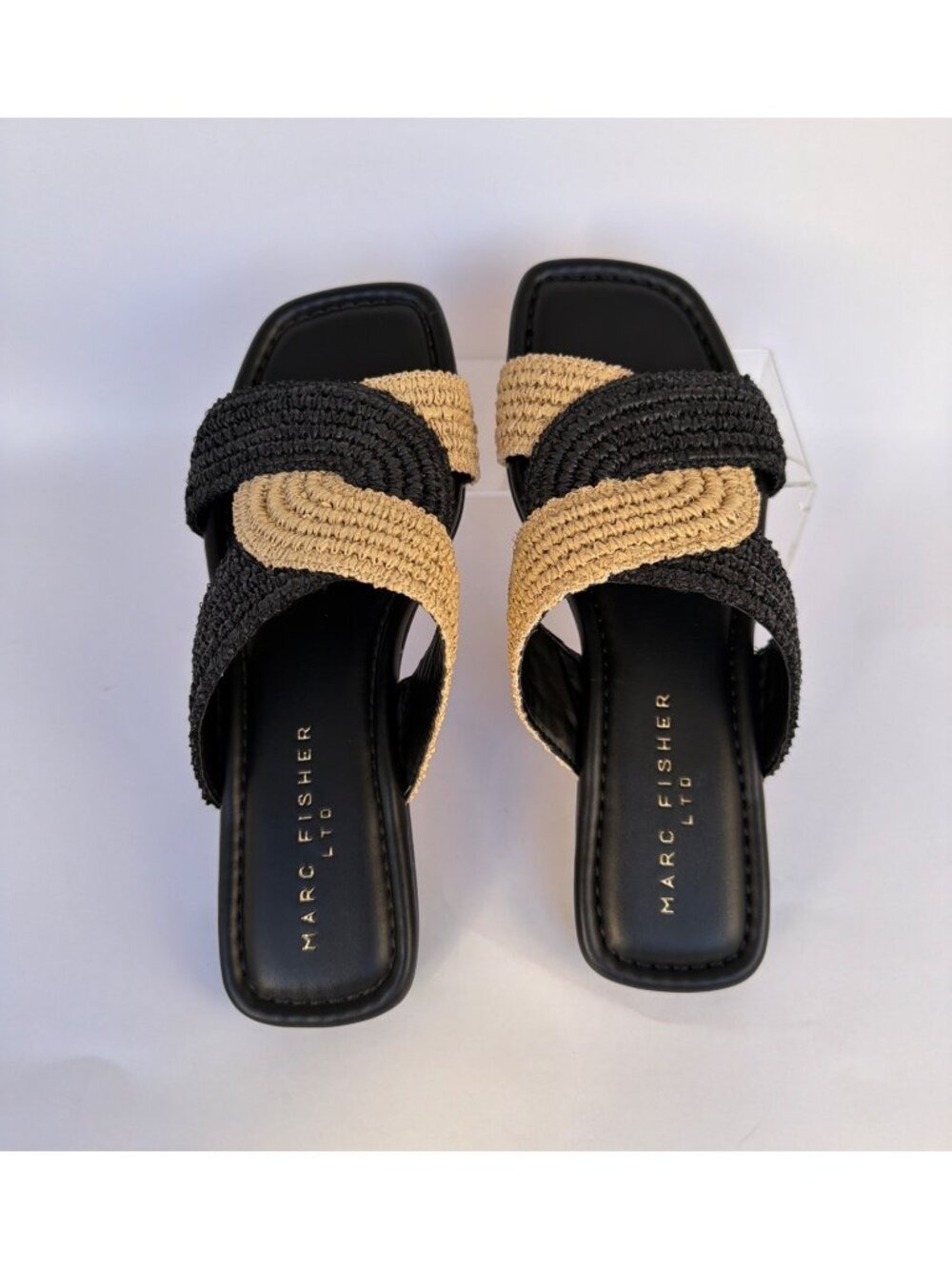 Marc Fisher Navie Slip-On Sandals Raffia Black Natural Slides Size 8.5 - Picture 5 of 12
